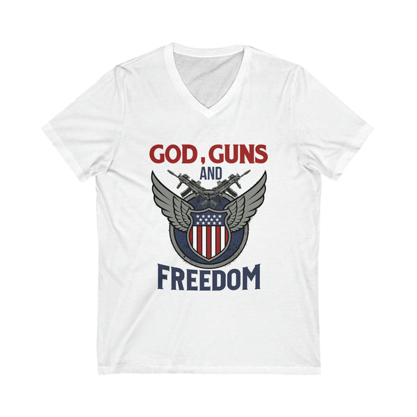 God, Guns and Freedom Unisex Jersey Short Sleeve V-Neck Tee