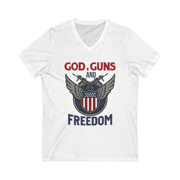 God, Guns and Freedom Unisex Jersey Short Sleeve V-Neck Tee